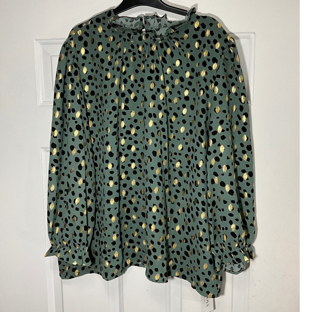 Avanova Sage Green Gold Metallic Leopard Print Mock Neck Blouse XXL NEW